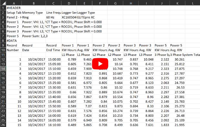 Figure 8: Final data table in .csv format. Data was extracted from the Dent EliteProXC logger using the ELOG19 software and exported for analysis.